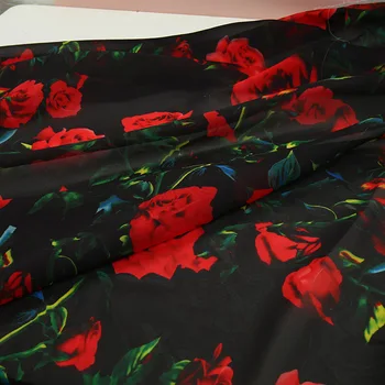 145x100cm 3D Krásné Černé Růže Tištěné Šifon Tkanina Je Lehký A Prodyšný, Aby se Příze Sukně Šátek