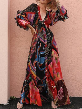 2022 Jarní Letní Elegantní V-Neck Bohémské Volné Maxi Šaty Módní Tisk Dovolenou, Plážové Šaty Ženy Vintage Dlouhý Rukáv Šaty
