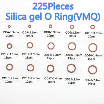 225pcs O-Kroužky Red Silikon VMQ Těsnění, Těsnící O-Kroužky, Silikonové Podložky Gumového o-Kroužku Nastavte Sortiment Kit Set Box Ring