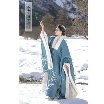 3 Barvy Ženy HanFu Sametové Roucho Tradiční Čínský Styl Bílá Azurová Šedá Elegantní Plášť Kabát Zimní Teplé Výšivky Šaty