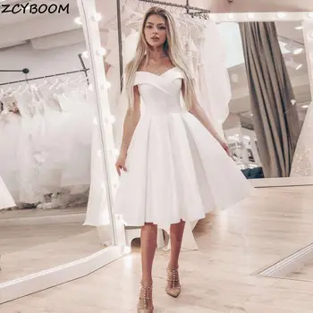 A-Line Off Rameno Krátký 2022 Svatební Šaty Pro Ženy Nevěsta V-Neck Satén Elegantní Vestidos De Novia Bílé Jednoduché Svatební Šaty