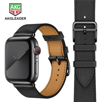 AKGLEADER Náramek Pro Apple Watch Série 7 6 5 4 40/44 mm Watchband Genunine Kožené ČERNÉ se Sponou Wrst Popruh Pro Apple Watch 3 2