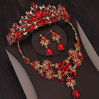 Barokní Vintage Red Crystal Svatební Vlasy, Šperky, Svatební Čelenky A Korunky S Náhrdelník Náušnice Sady Princezna Královna Korunky
