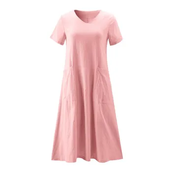 Beach Boho Volné Lněné Šaty Ženy Letní Příležitostné Šaty Zelené Růžové šaty s Krátkým Rukávem Pocket Dlouhé Maxi Šaty 5XL