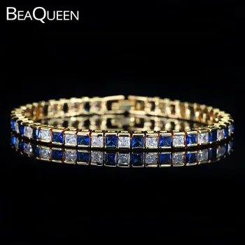 BeaQueen Dubaj Žluté Zlato Barva Čtverec Modré a Bílé Zirkony Crystal Tenis Náramek Šperky Příslušenství pro Ženy B038