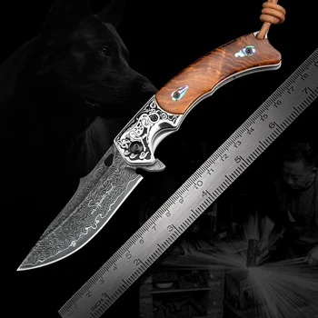 Damašku Skládací Kapesní Nůž s Pláštěm Růžového dřeva a Mušle Rukojeť EDC Tractical Nože pro Lov Přežití Camping Venkovní