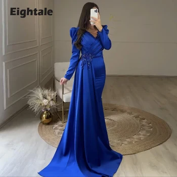 Eightale Modré Večerní Šaty pro Svatební Party Satén V-Neck Nášivky Korálkový Elegantní Mořská panna Plesové Šaty Dlouhé Rukávy