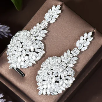 HIBRIDE Luxusní Prohlášení Velké Houpat Drop Zirkony Náušnice Vintage List Svatební Svatební Party Šperky Bijoux Femme E-450