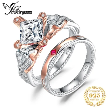 JewelryPalace 2 Ks 925 Mincovní Stříbro Zásnubní Prsten pro Ženy Růžové Zlato Princezna 1.5 ct 5A CZ Simulované Diamond Kapela Prsten