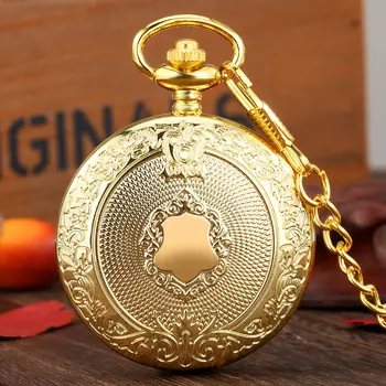 Kapesní Hodinky Zlaté Jemné Vyřezávané Vzor Štít Starožitný Steampunk Vintage Římské Číslice Quartz Hodinky Reloj De Madera