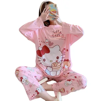 Kawaii Hello Kitty Jednotné Velikosti Pyžama Dámské Oblek Je Sladké Volné a Krásné a Dlouhé Rukávy, Kalhoty Lze Nosit Jako Domácí Oblečení