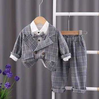 Korejský Styl Oblečení pro Děti Chlapecké Jarní Oblečení Kostkované Oblek Set Tří Dílná Sada Děti Jaro Podzim Suit Baby Boy Oblečení