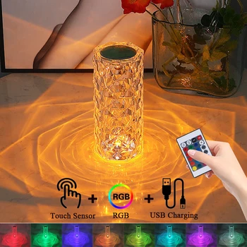 LED Stolní Lampa Crystal Rose Světlo USB Dobíjecí Touch Diamond Lampy Noční Světlo Dekor Atmosféru Noční 3/16 Barva Projektor