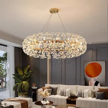 Moderní LED Crystal Květinové Stropní Lustry Zlatý Luxusní Přívěsek Svítilna Obývací Pokoj Lesk Kruhové Závěsné Světlo Dekor