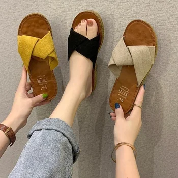Nové Letní Sandály a Pantofle pro Ženy je Vnější Opotřebení One-flip Semiš Ploché-dna Cross-over Dámské Pantofle Dámské Boty