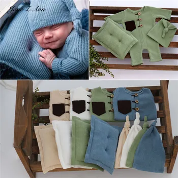 Nový příchod novorozence fotografie oblečení baby měkké pletené kombinéza + čepice + polštář tři-dílná sada baby boy focení oblečení