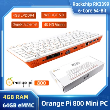 Orange Pi 800 Mini PC 4GB RAM, 64GB EMMC 64bit Rockchip RK3399 SoC 4K HD Bezdrátové Wifi+BT 5.0 Klávesnice Volitelné Napájení