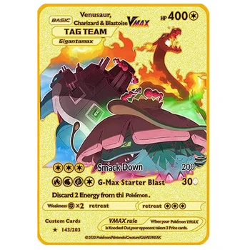 Pokémon Karty, Hračky Charizard Blastoise Venusaur Ash Ketchum GX EX MEGA Vmax Zlaté Kovové Karty Dětské Hry Bitva Sbírka Karet