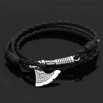 Pánské Viking, Celtic Wolf Raven Axe Náramek Odin Symbolem skandinávské Runy Kouzlo Kožený Náramek Lano Mužské Severský Amulet, Šperky