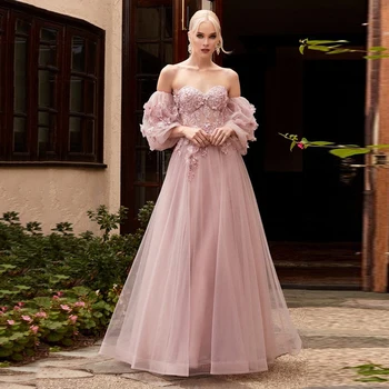 Růžové Srdíčko Ples Šaty A-Line Off-The Rameno Dlouhé společenské Šaty 3D Květinové Krajky Nášivky Tyl Večerní Šaty Vestidos