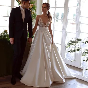 Smileven Elegantní Satén Svatební Šaty Top Krajky V Krku Nevěsty Šaty s hlubokým Výstřihem Svatební Šaty Vestido de novia 2021