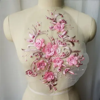 Tmavě Růžové Korálky 3D Květinové Krajky Tkaniny, Vyšívané Šaty Nášivky Lišty Límec Mesh Šít Záplaty Pro Svatební Dekorace DIY Šaty