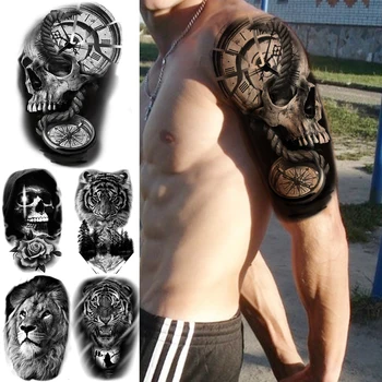 Velké Černé Lebky Kompas Arm Dočasné Tetování Pro Muže, Dospělý Lev Tygr Falešné Tetování Nálepka Body Art Převodu Tetování Kostra