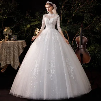 Vestido De Noiva 2022 Nové Krajkové Svatební Šaty Klasické Vysoká Krk Polovina Rukáv Plesové Šaty Plus Velikost Nevěsta Dressrobe De Mariee
