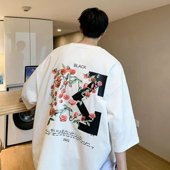 Vintage Rose Graphic Pánské Bavlněné Trička Harajuku Dopis Tištěné Krátký Rukáv Casual T-shirt Korean Mužské Oblečení