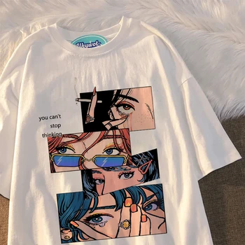 y2k Oblečení Topy 2022 T-shirt pro Muže Harajuku Černá Hip Hop Ležérní Volné Tričko Streetwear Japonské Anime Karikatura Tisk Retro