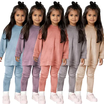 Zimní Děti Dívky Oblek Jednobarevné Svetr Šaty Set Dětské Módní Volný Styl Oblečení S Sametové Tkaniny