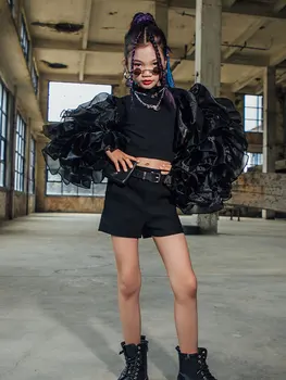 ZZL K-pop Scéně Oblečení, Cool Módní Oblečení pro Dívky na módní přehlídce Výkon Černé Šaty Y2K Korea Trend Jazz Dance Urban Děti