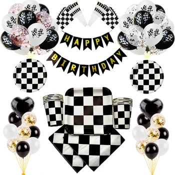 Černá Bílá Závodní Auto Deco Servies Šachy Jednorázové nádobí Sada Kostkované Vlajky Zásoby Strany balónky, dekorace narozeniny