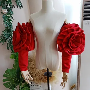 Červené Saténové Odnímatelné Rose Rukávy Velký Květ, Romantický Dlouhý Rukáv Pro Okouzlující Svatební Svatební Svatební Doplňky