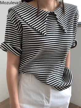 Mozuleva korejský Styl Elegantní Ženy Letní Panenka Límec Pruhované Loose T-shirt Stylové Lady Krátký Rukáv Topy Trička Žena Tees 2022
